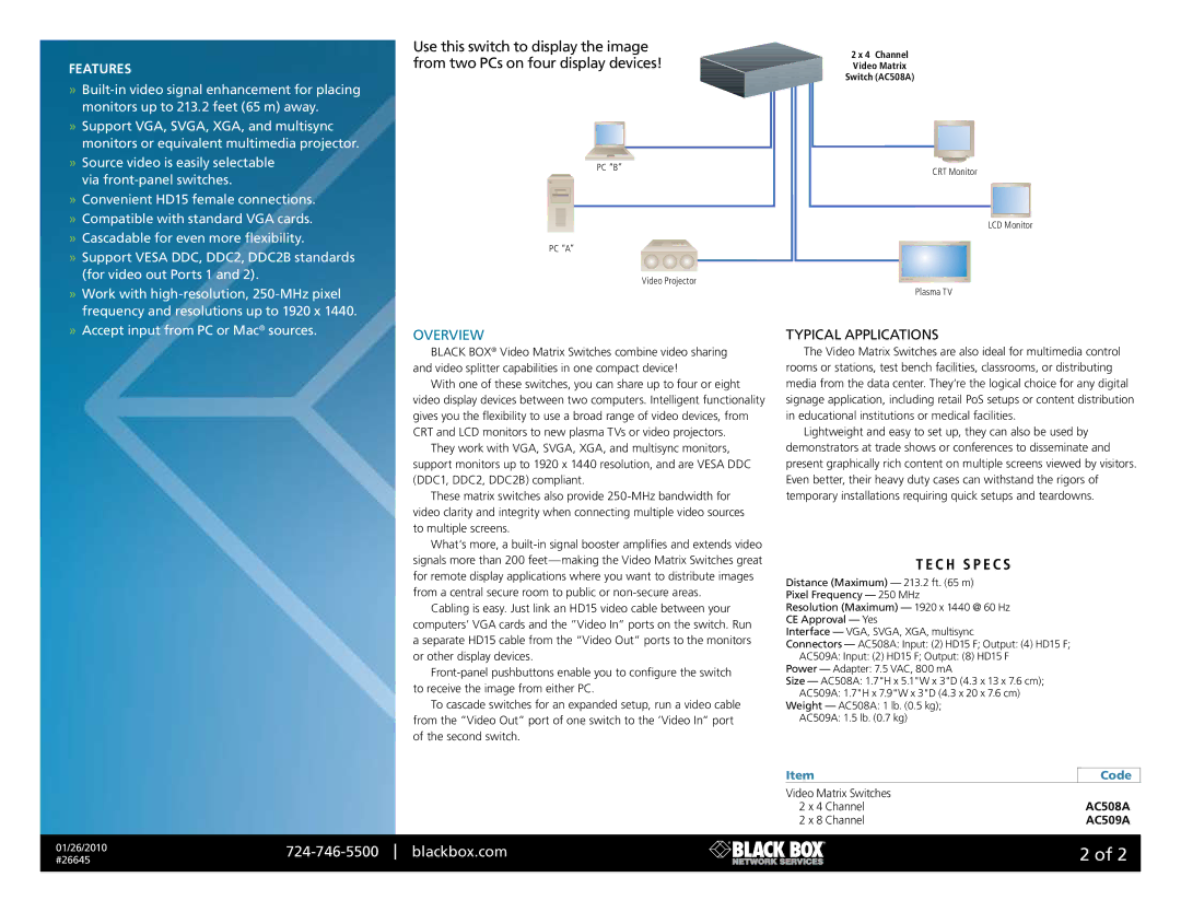 Black Box 26645, AC509A, AC508A manual Overview, Typical Applications, C h S P e c s, Features 